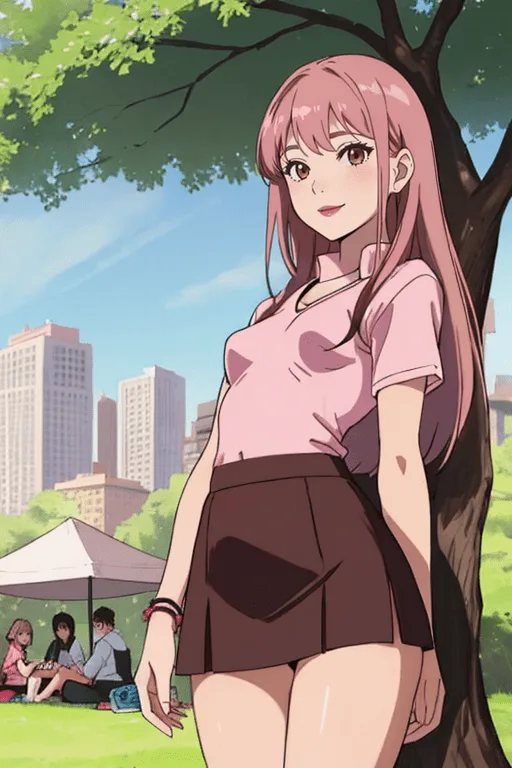 anime ai girlfriend wearing modest clothing at a park.