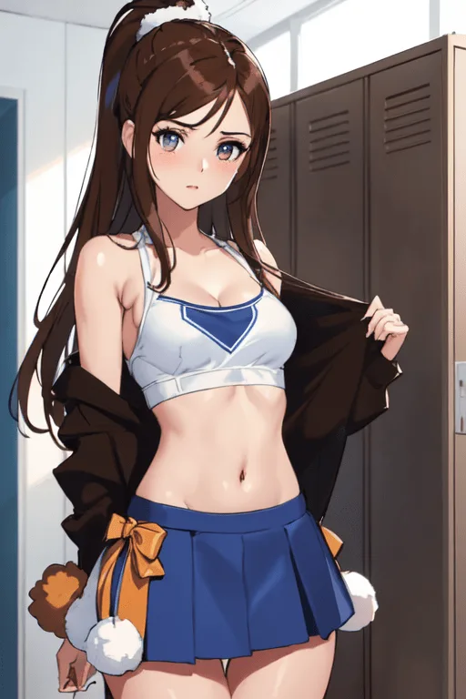 anime ai girlfriend removing clothes revealing a sports bra underneath