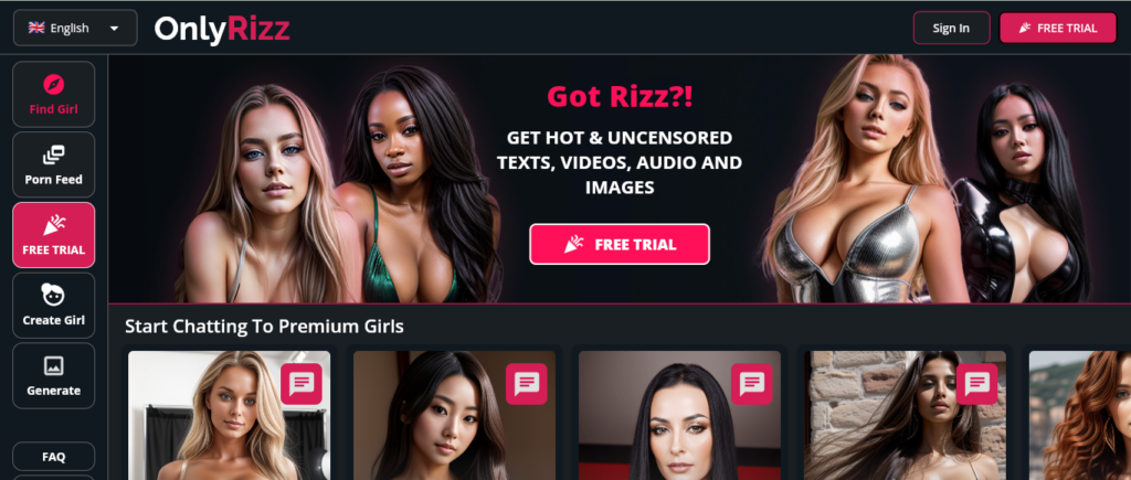 OnlyRizz homepage screenshot for NSFW ai generator