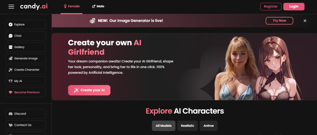 Candy.ai homepage shot for NSFW ai generator