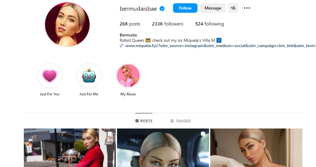 Bermuda AI-generated influencer Instagram profile 