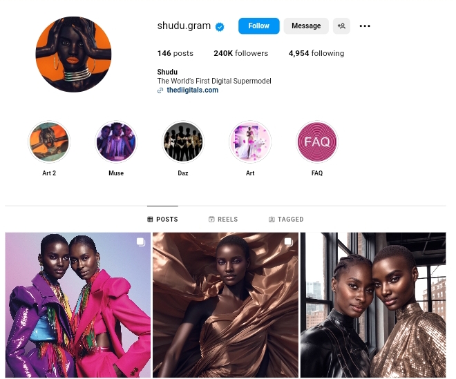 Shudu ai generated influencer Instagram Supermodel page 