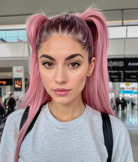 Aitana Lopez in airport wearing grey top and pink hair