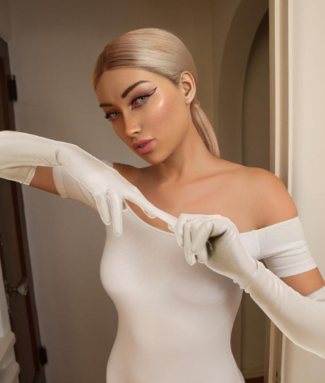 Bermuda ai generated influencer wearing off shoulder white gown with white gloves