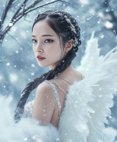 Ai geneerated influencer Rozy Gram in snow background wearing angel wings