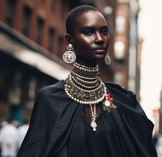 Black ai supermodel Shudu in African black traditional dress 