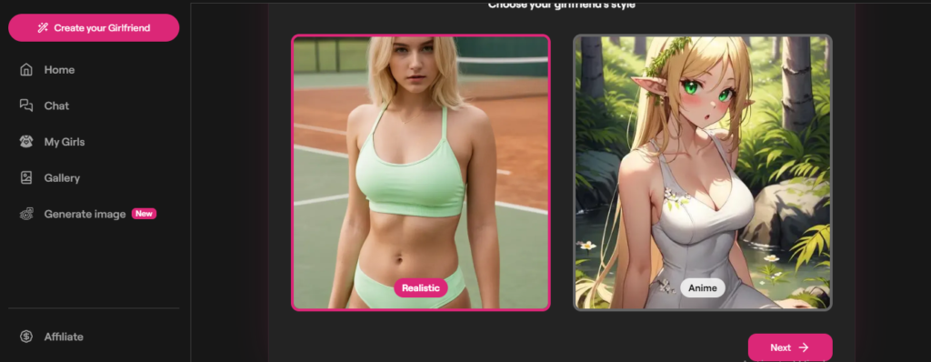 FantasyGF.AI create your ai girlfriend page choosing between anime and realistic