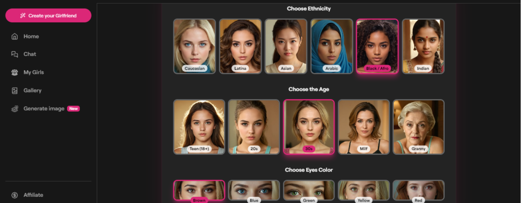 FantasyGF.AI choose ethnicity age and eye color page