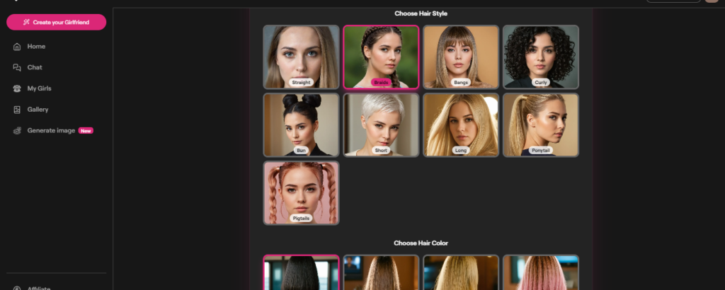 FantasyGF.AI choose hairstyle and hair color page