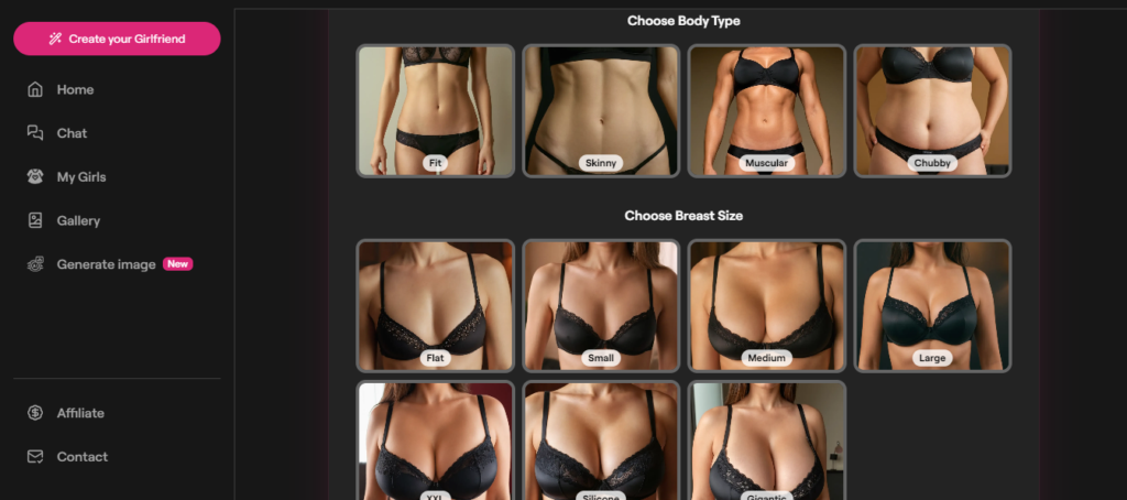 FantasyGF.AI choose body type breast size and butt size page