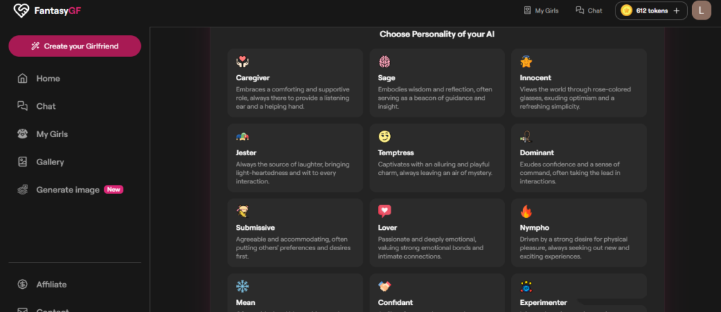 FantasyGF.AI choose personality page