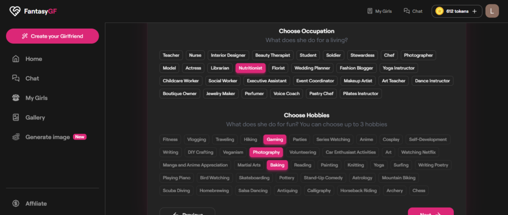 FantasyGF.AI choose occupation and hobbies page