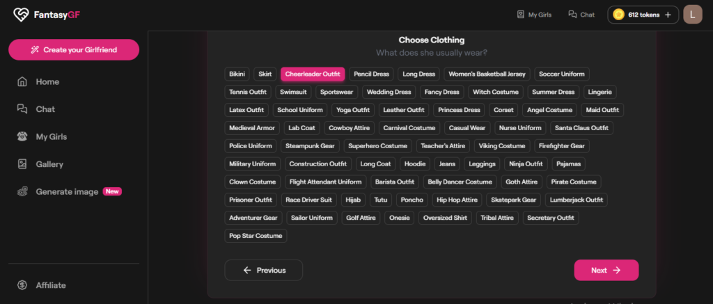 FantasyGF.AI choose clothing page