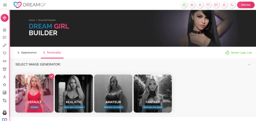 dreamgf.ai customizing girlfriend personality page