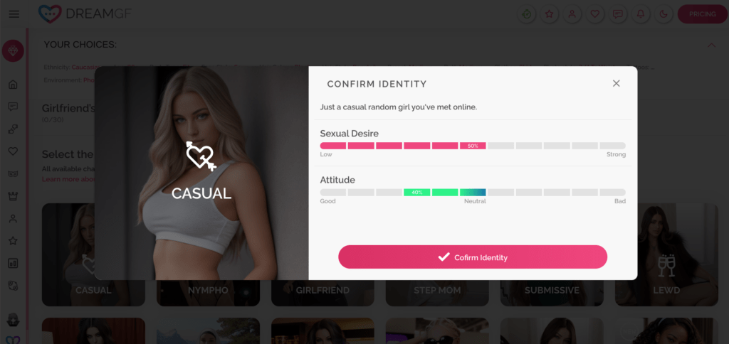 dreamgf.ai customizing girlfriend personality page - editing girlfriend sexual desire and attitude