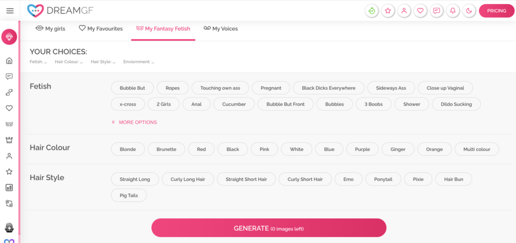 dreamgf.ai fetish generator page