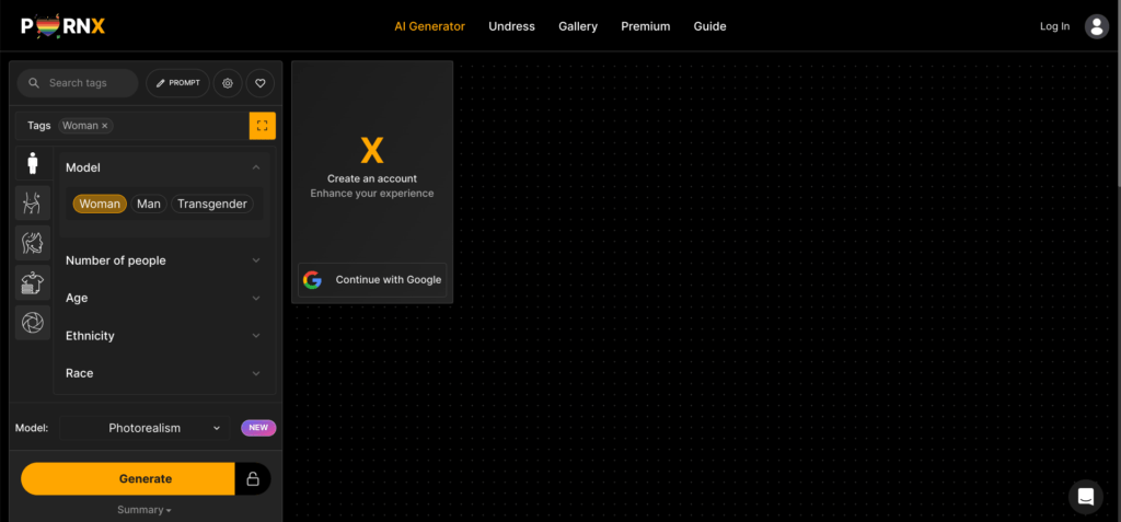 pornx.ai image generation page