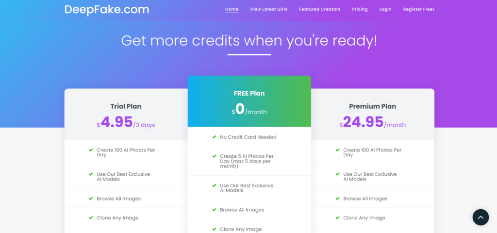 Deepfake.com pricing window