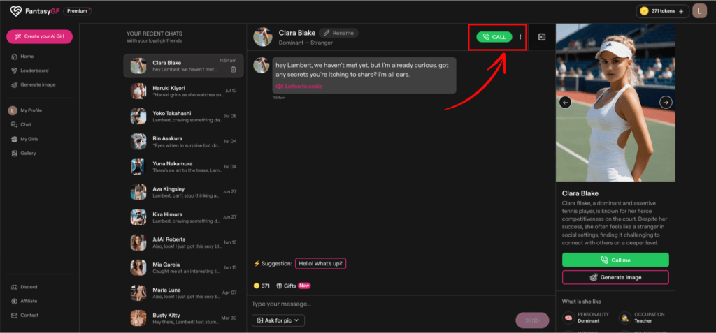 ai phone call call button on fantasygf.ai