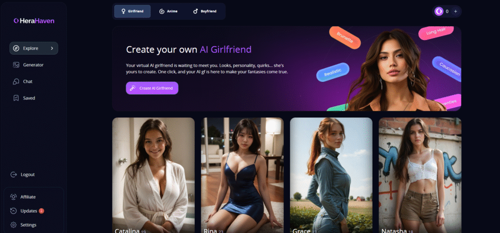 herahaven ai girlfriend chatbot homepage