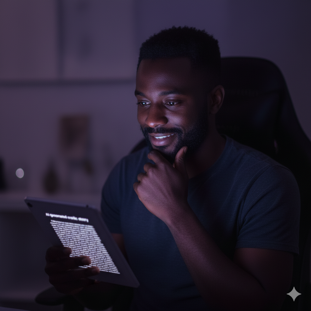 A black guy reading a story by an AI Erotic story generator